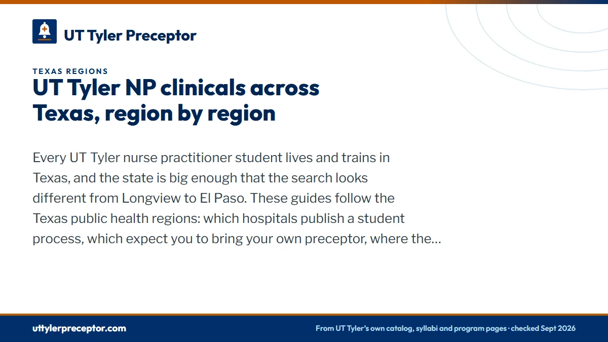 UT Tyler NP clinicals across Texas, region by region. Every UT Tyler nurse practitioner student lives and trains in Texas, and the state is big enough that the search looks different from Longview to El Paso. These